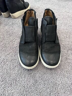 Miz Mooz Black Leather Slip-On Ankle Booties with White Sole